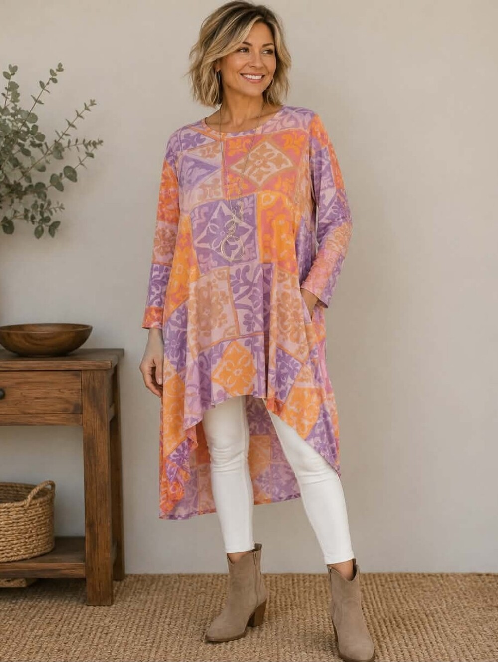 Lavender & Peach High-Low Tile Print Swing Dress